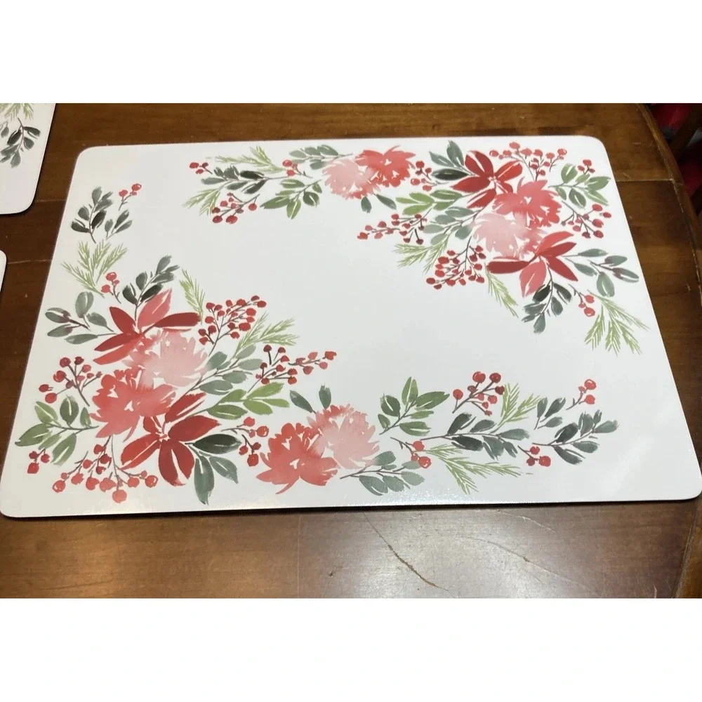 Set Of 4 KAF Holiday Holly Cork Backed Placemats Red Poinsettias Watercolor Look